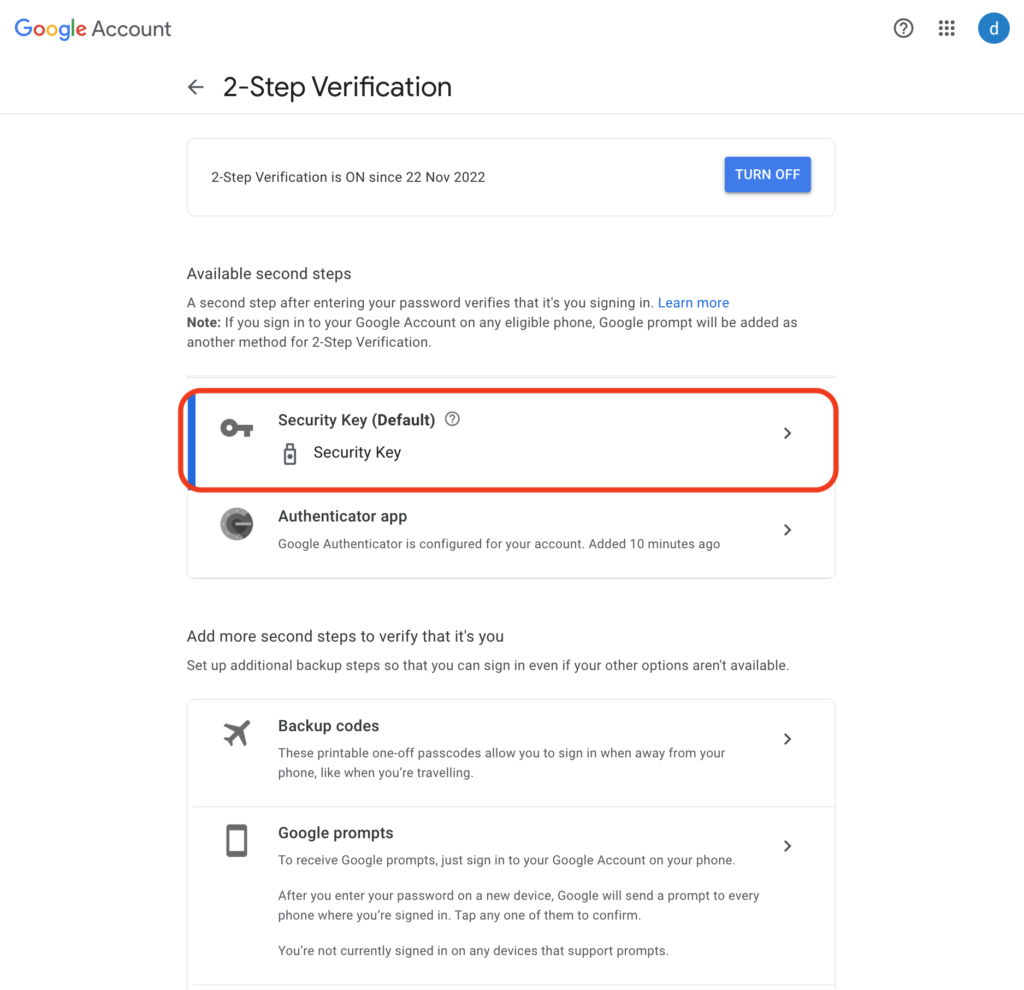 Step 5:Enable dual authentication with a physical security key on Gmail